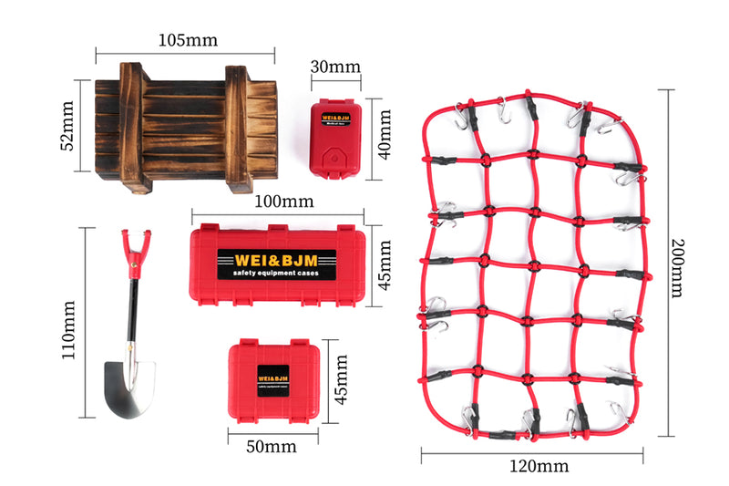 3-in-1 Storage Box, Wood Box, Luggage Net, and Shovel Set for 1/10 RC Cars (4pcs)