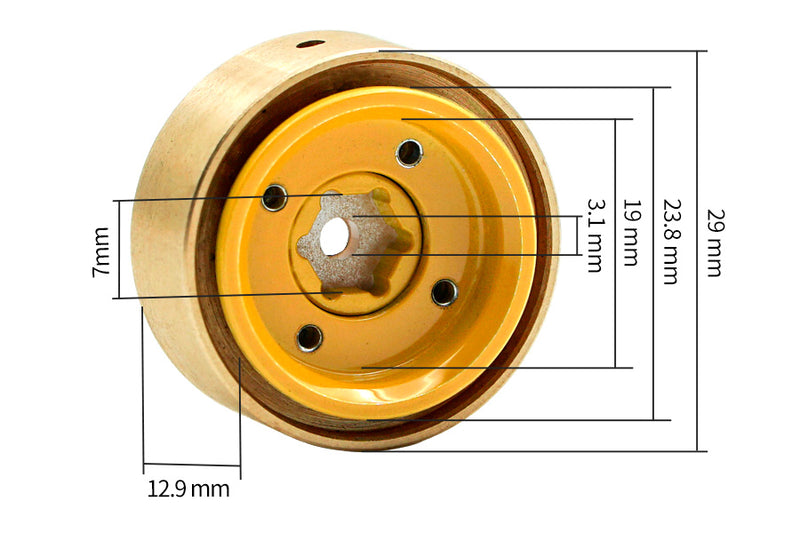 BATRAZZI 0.8" Aluminum 4-Slot Road Wheels Yellow 4pcs for SCX24/CR24/FCX24M (Discovery/Range Rover)