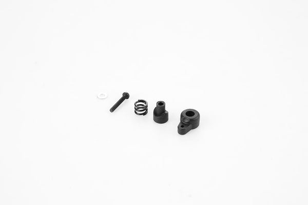 RC model spare parts including black plastic piece, spring, and screws