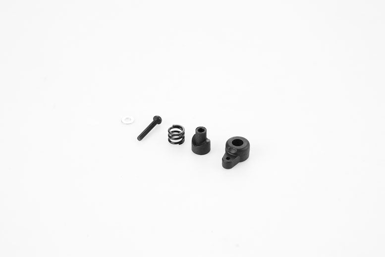 RC model spare parts including black plastic piece, spring, and screws